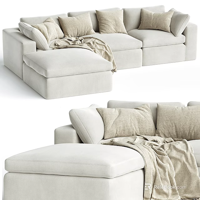 Cozy Beige Sectional Sofa With Soft Fabric Decorative Pillows And Knit Blanket 3d model 
