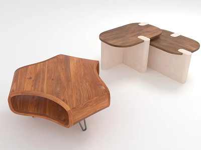 Modern Wooden Tables With Irregular Shape Metal Legs And Connected Light Colored Base 3d model