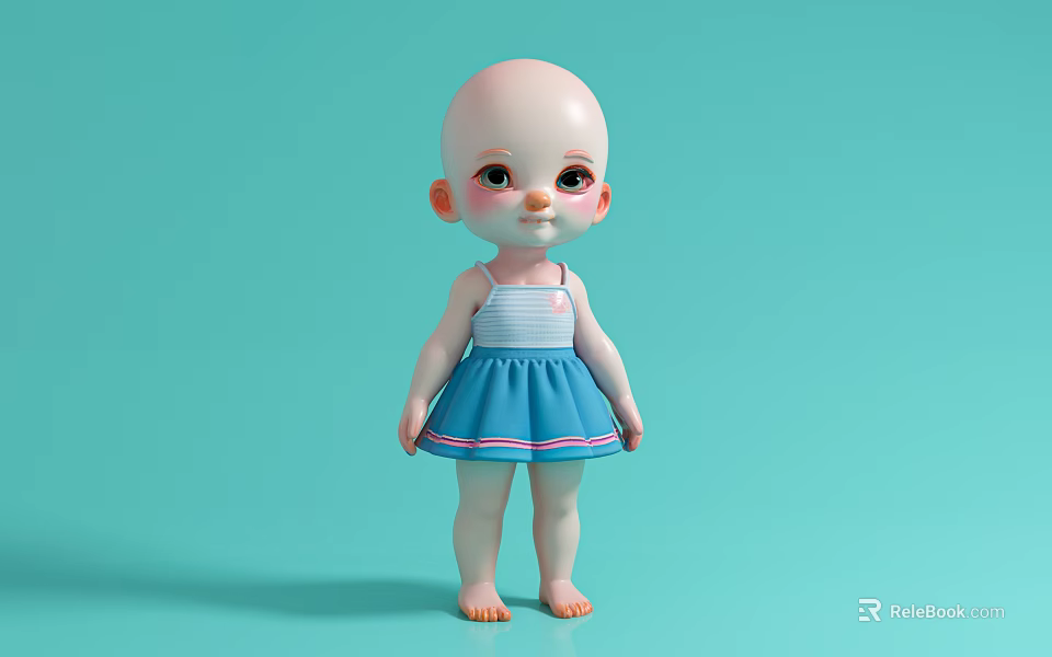 Cute Game Movie Character Doll With Bald Head Blue White Striped Top Blue Skirt 3d model 