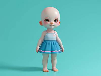 Cute Game Movie Character Doll With Bald Head Blue White Striped Top Blue Skirt 3d model