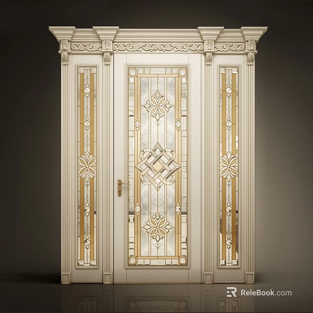 Classic White Double Door With Carved Glass Panels And Golden Decorative Trims 3d model 
