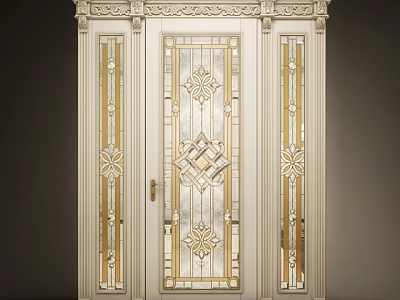Classic White Double Door With Carved Glass Panels And Golden Decorative Trims 3d model