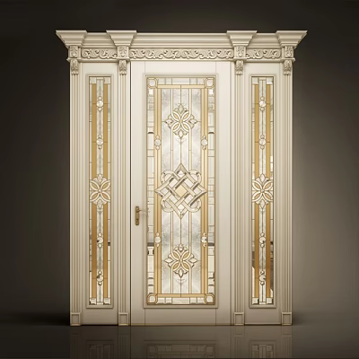 Classic White Double Door With Carved Glass Panels And Golden Decorative Trims 3d model Classic White Double Door With Carved Glass Panels And Golden Decorative Trims 3d model