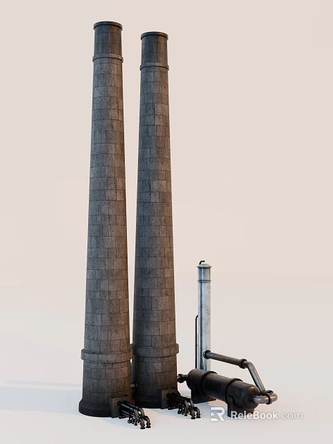 Industrial Equipment with Two Tall Chimneys and Adjacent Smaller Device Structure 3d model 