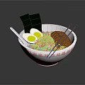 Bowl of Ramen Noodles With Soft Boiled Eggs Seaweed Sliced Meat Chopsticks And Spoon