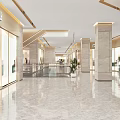 Modern Mall Lobby With Escalators 3F Direction Sign Marble Floor And Large Windows