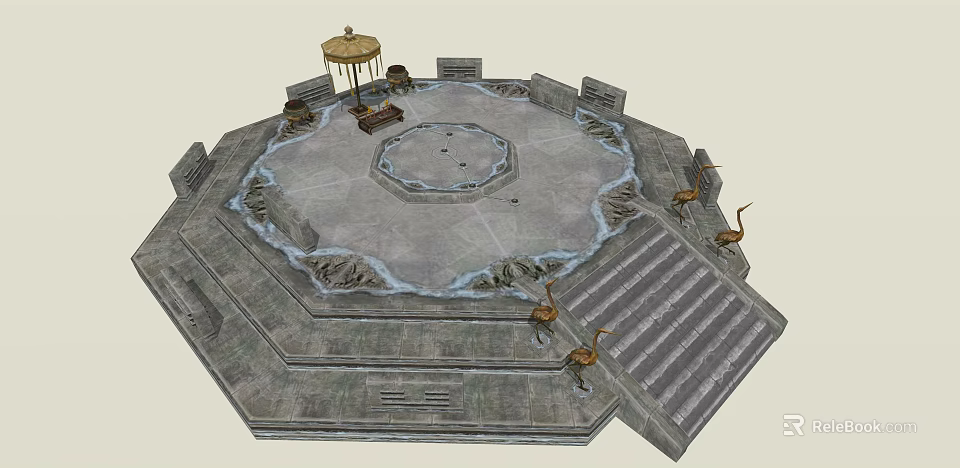 Octagonal Stone Platform Featuring Central Pavilion Surrounding Crane Sculptures And Steps 3d model 
