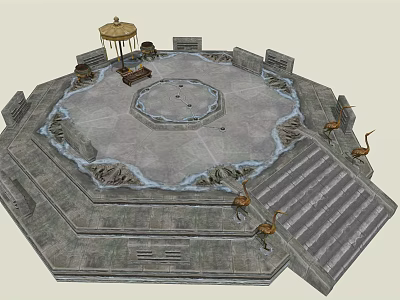 Octagonal Stone Platform Featuring Central Pavilion Surrounding Crane Sculptures And Steps 3d model