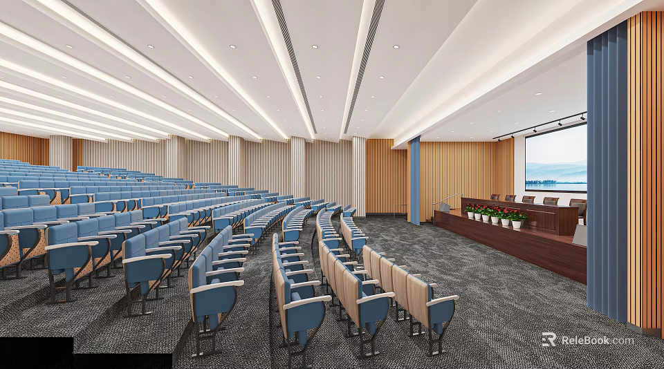 Modern Conference Hall Interior With Tiered Blue Seats Wooden Podium And Projector Screen 3d model 