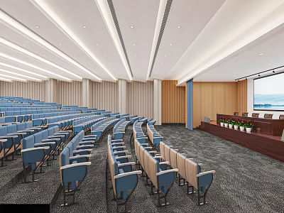Modern Conference Hall Interior With Tiered Blue Seats Wooden Podium And Projector Screen 3d model