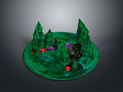 Vibrant Green Circular Landscape With Tall Trees Colorful Stones And Red Purple Accents 3d model