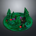 Vibrant Green Circular Landscape With Tall Trees Colorful Stones And Red Purple Accents