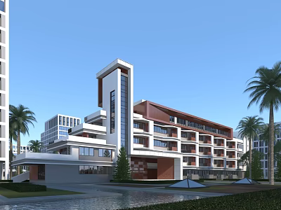 Modern Multi Story Office Building With Glass Windows White Brown Facade Palm Trees And Pool 3d model