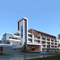 Modern Multi Story Office Building With Glass Windows White Brown Facade Palm Trees And Pool