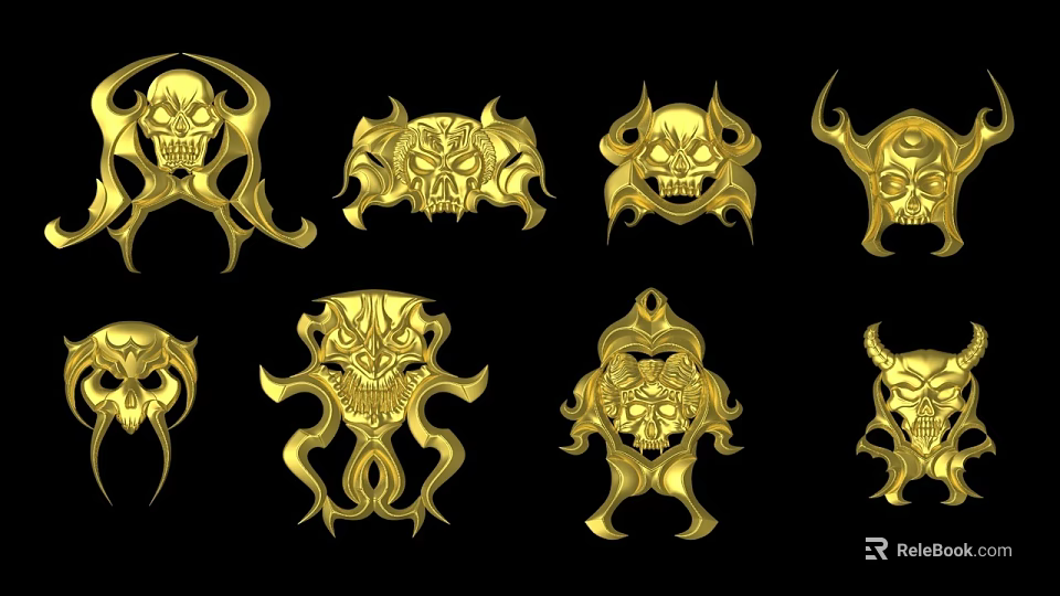 Golden Skull And Demon Head Sculpture Carvings With Various Horned And Winged Designs 3d model 