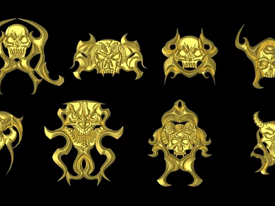 Golden Skull And Demon Head Sculpture Carvings With Various Horned And Winged Designs 3d model