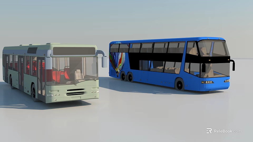 Two Buses Including Light Green Single Decker and Blue Double Decker with Colorful Graphics 3d model 