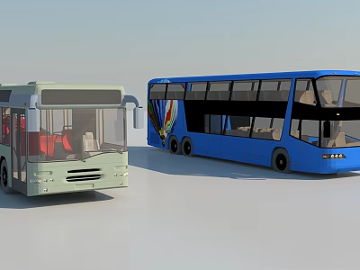 Two Buses Including Light Green Single Decker and Blue Double Decker with Colorful Graphics 3d model