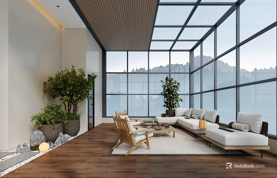 Spacious Indoor Garden Space With Glass Windows Wooden Flooring Potted Plants And Mountain View 3d model 