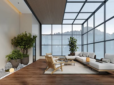 Spacious Indoor Garden Space With Glass Windows Wooden Flooring Potted Plants And Mountain View 3d model