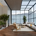 Spacious Indoor Garden Space With Glass Windows Wooden Flooring Potted Plants And Mountain View