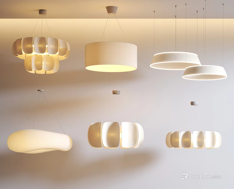 Modern Pendant Lighting Combinations Featuring Various Circular Striped And Oval Hanging Designs 3d model 