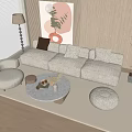 Modern Cream Style Three-seater Sofa Casual Lazy Sofa Blinds Curtain Round Table Coffee Table Decorative Painting Wood Finish Grille Background Cream Three-seater Sofa 3d model
