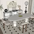 Elegant White Oval Dining Table Set With Chairs Cabinet And Green Plant On Checkered Rug