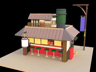 Cartoon Scene Featuring Japanese Style Building with Balcony Roof Chimney Bar Stools Lantern and Banner 3d model