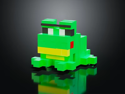 Pixelated Green Frog Figure With Blocky Design Yellow Mouth And Black Background Reflection 3d model