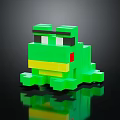 Pixelated Green Frog Figure With Blocky Design Yellow Mouth And Black Background Reflection