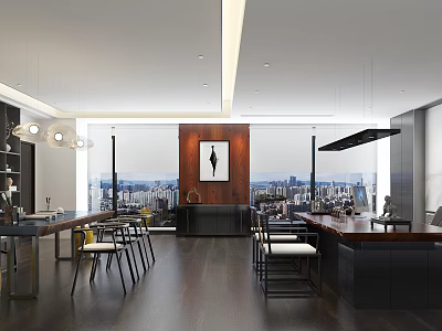 Modern Office Interior Design With Spacious Layout Wooden Desks And City View 3d model