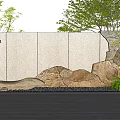 Outdoor Landscape Wall Featuring Mountain Stone Texture Red Chinese Characters Green Plants And Pebbles