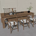 Minimalist Wooden Tea Table and Chairs with Tea Set and Green Plant