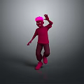 Man in Red Shirt Dark Pants With Pink Hat Waving While Jumping on Gray Background