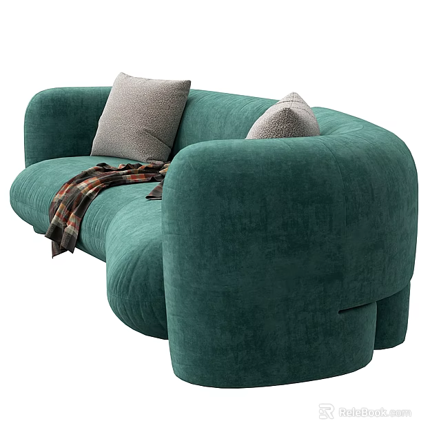 Teal Curved Velvet Sofa with Gray Pillows and Plaid Blanket in Modern Living Room 3d model 