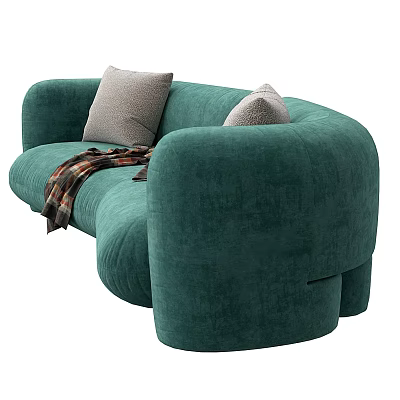 Teal Curved Velvet Sofa with Gray Pillows and Plaid Blanket in Modern Living Room 3d model