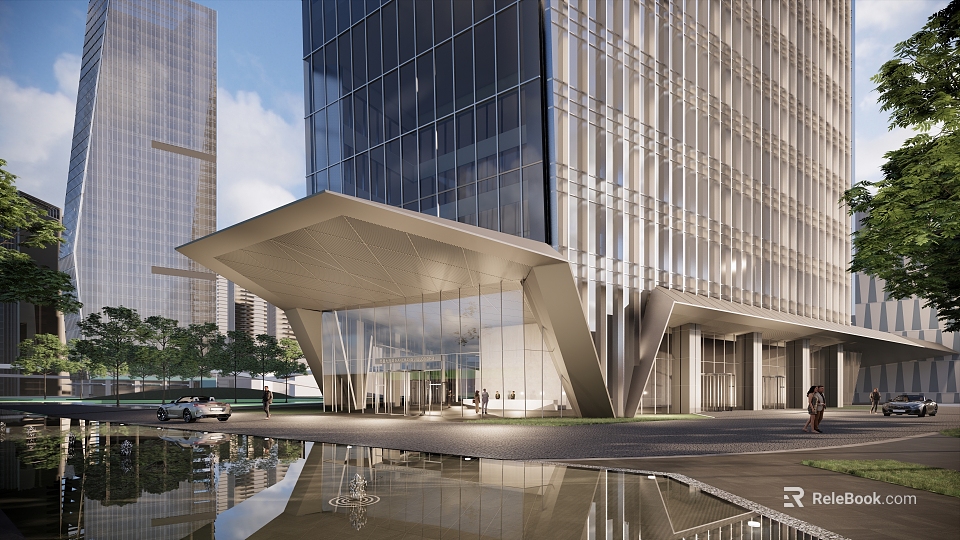 Modern Commercial Facade Design With Glass Curtain Wall And Metal Entrance Structure 3d model 