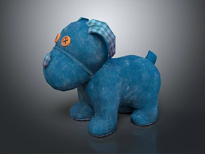 Blue Dog Shaped Stuffed Toy with Orange Eyes Plaid Ears And Soft Fabric 3d model