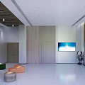 Modern Service Hall Interior With Elevators Seating Green Plants And Glass Doors