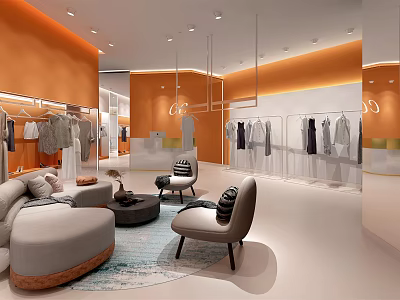 Stylish Clothing Store Interior Design With Orange Walls Hanging Clothes Sofa Chairs And Rug 3d model