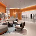 Stylish Clothing Store Interior Design With Orange Walls Hanging Clothes Sofa Chairs And Rug
