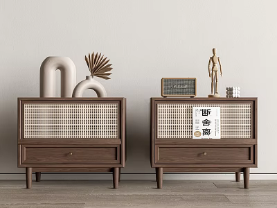 Modern Brown Wooden Nightstands With Wicker Panels Decorative Objects Palm Leaf Photo Frame And Statue 3d model