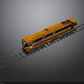 Orange Model Train on Railway Track with Reflective Surface and Gray Background