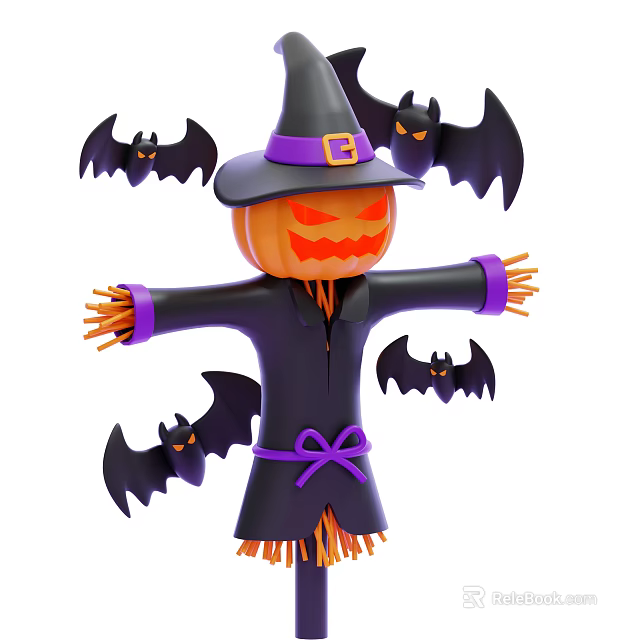 Halloween Decorative Ornament Set With Pumpkin Scarecrow Witch Hat Purple Accents And Bats 3d model 