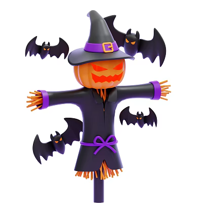 Halloween Decorative Ornament Set With Pumpkin Scarecrow Witch Hat Purple Accents And Bats 3d model