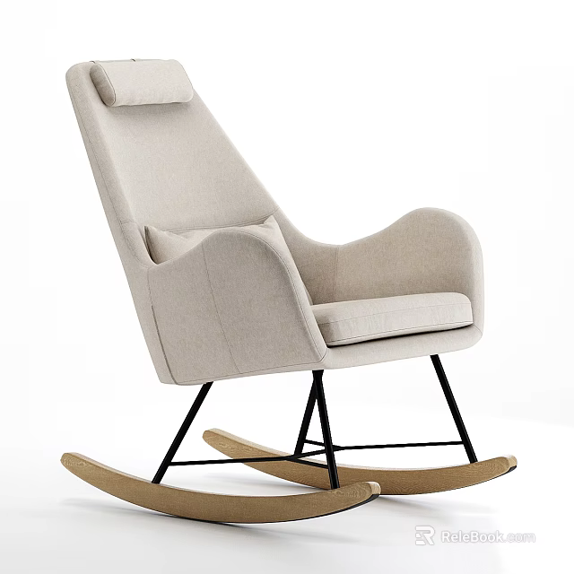Beige Upholstered Leisure Chair With High Back Armrests And Wooden Rocking Legs 3d model 
