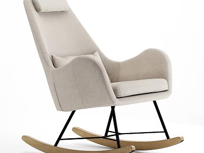 Beige Upholstered Leisure Chair With High Back Armrests And Wooden Rocking Legs 3d model