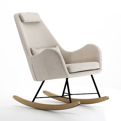 Beige Upholstered Leisure Chair With High Back Armrests And Wooden Rocking Legs 3d model