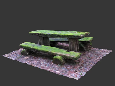 Moss Covered Stone Outdoor Table With Matching Benches On Fallen Leaves 3d model